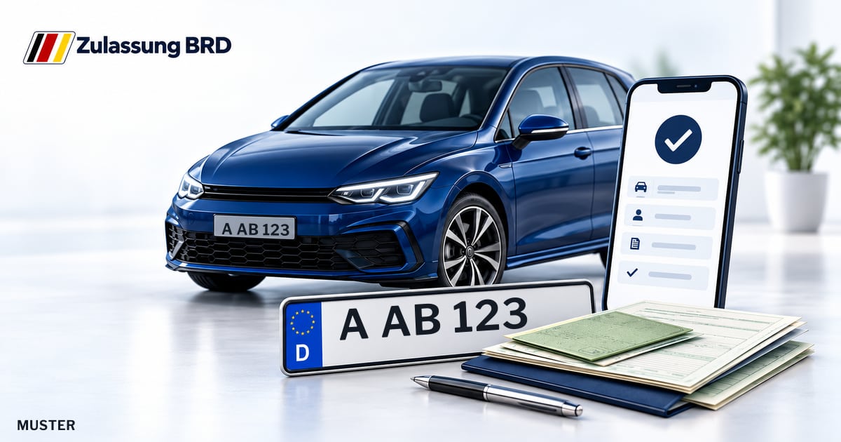 Online Fahrzeugzulassung in Gersthofen: Musterkennzeichen A AB 123, Auto und Fahrzeugpapiere und Smartphone. Illustration mit Logo von Zulassung BRD.